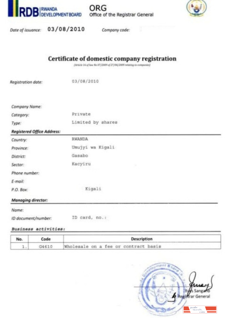 Reg Rwanda Code Number Rwanda Certificate of domestic company registration