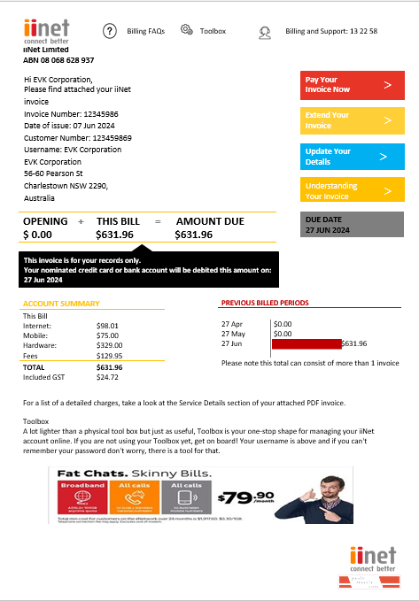 Iinet Bill Example Australia iiNet utility bill template in Word and PDF format