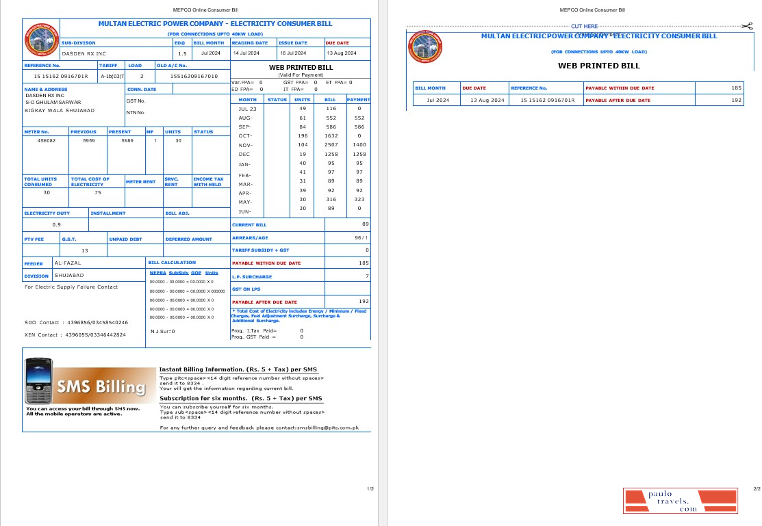 PAKISTAN MULTAN ELECTRIC POWER business utility bill Word and PDF ...