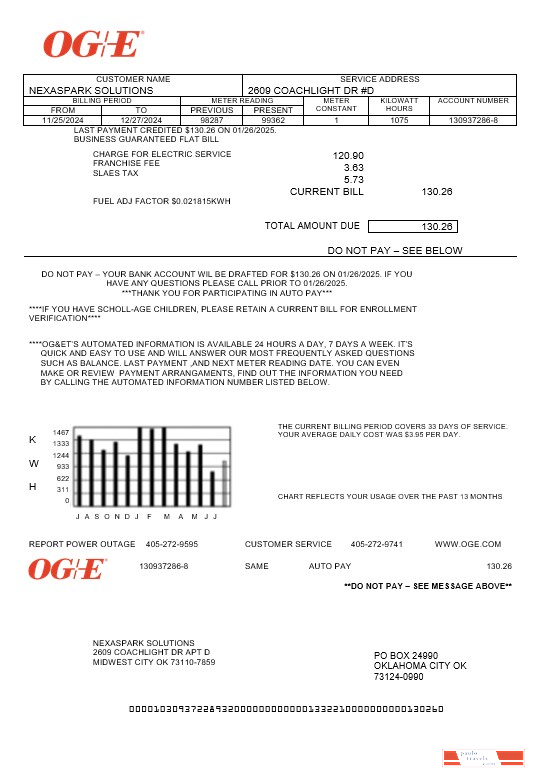 USA Oklahoma OGE Energy business utility bill template in Word and PDF ...