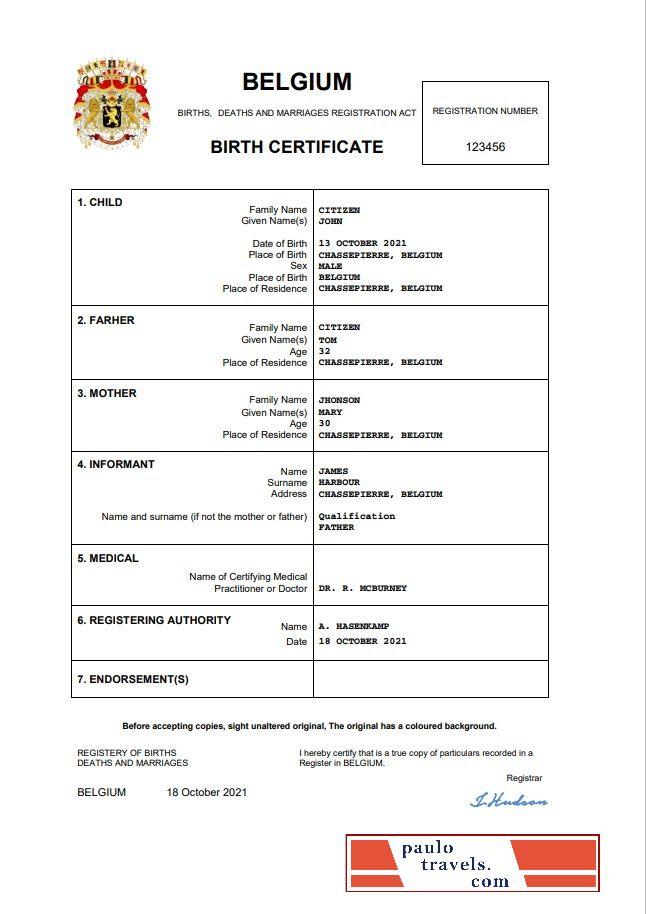 Belgium vital record birth certificate Word and PDF
