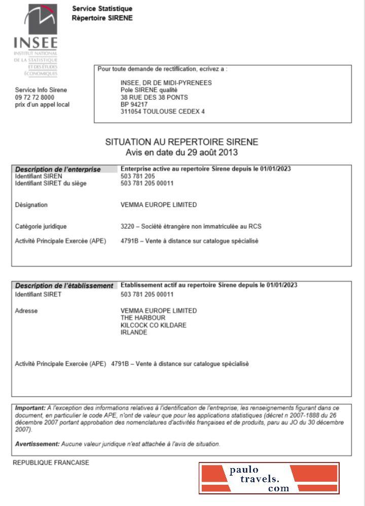 France INSEE registration certificate Word and PDF template