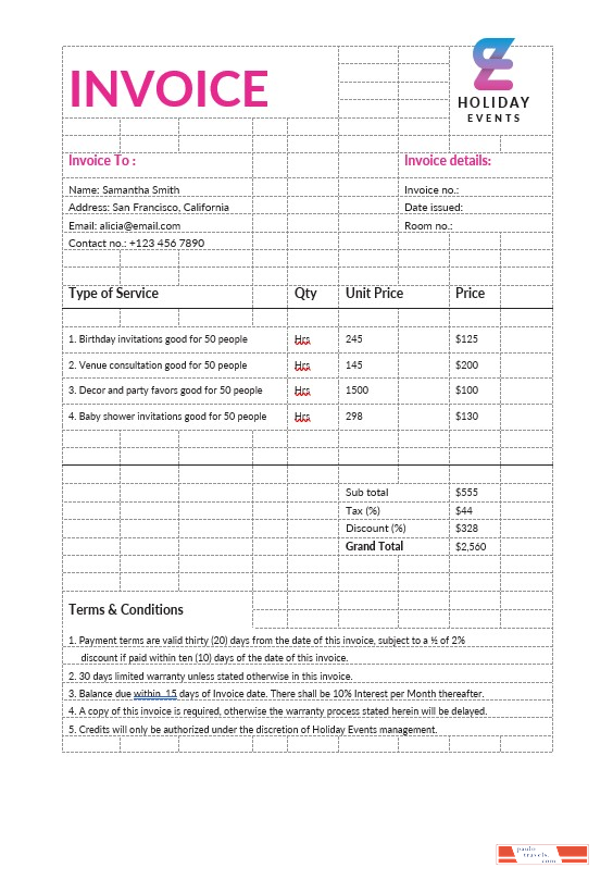 Event Billing Example Event Planner Invoice Template PSD template