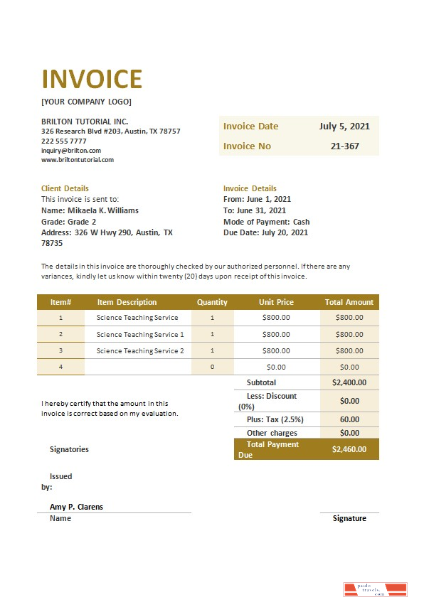 Simple Invoice Example For Lessons Free Teaching Invoice Template PSD template