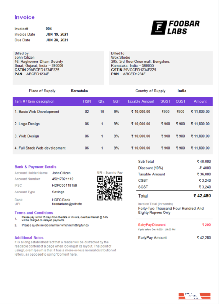 India Foobar Labs Information Technology Company invoice template in ...