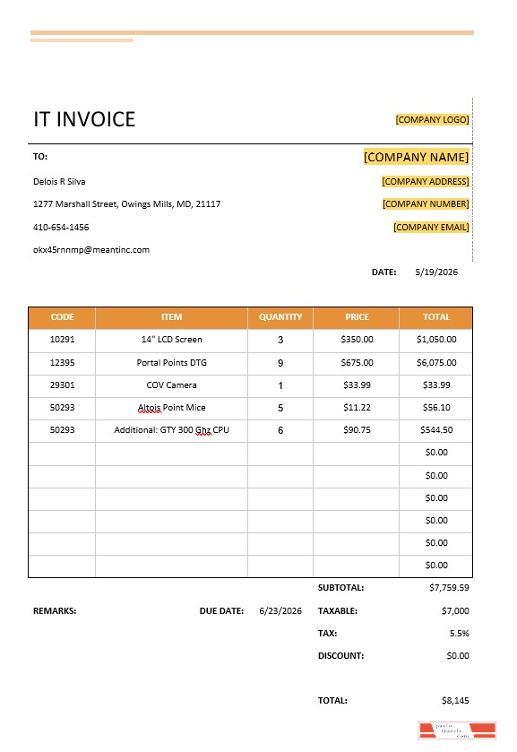 It User Invoice Simple IT Invoice Template PSD template