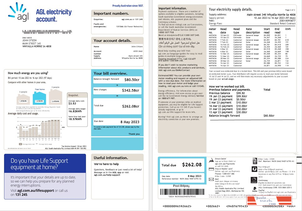 Australia AGL electricity account energy utility bill Word and PDF ...