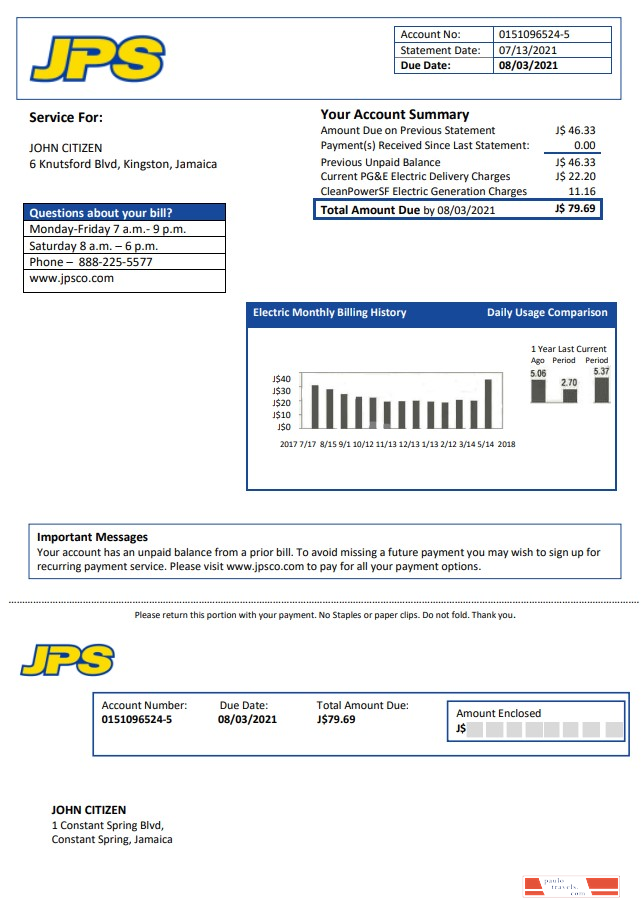 Jamaica Public Service (JPS) electricity utility bill template in Word ...