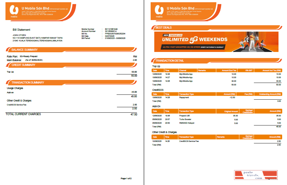 Unitil Bill Sample Malaysia U Mobile utility bill template in Word and PDF formats, 2 ...