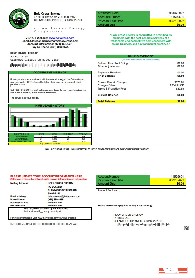 USA Colorado Holy Cross Energy utility bill template in Word and PDF format