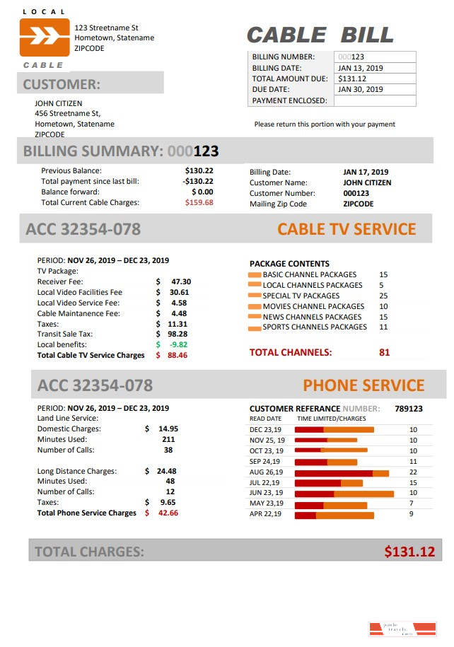 USA Marine Local Cable utility bill template in Word and PDF format ...