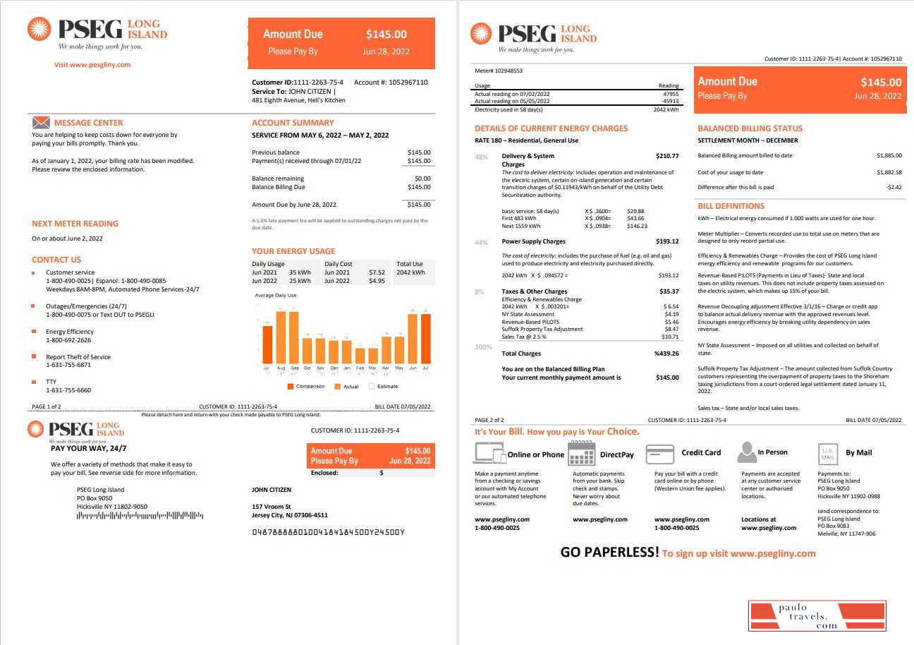 USA New Jersey PSEG electricity utility bill template in Word and PDF ...