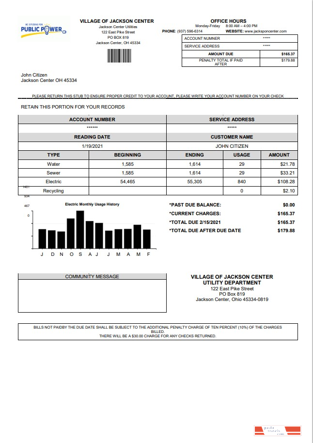 USA Ohio Village of Jackson Center Public Power utility bill template ...