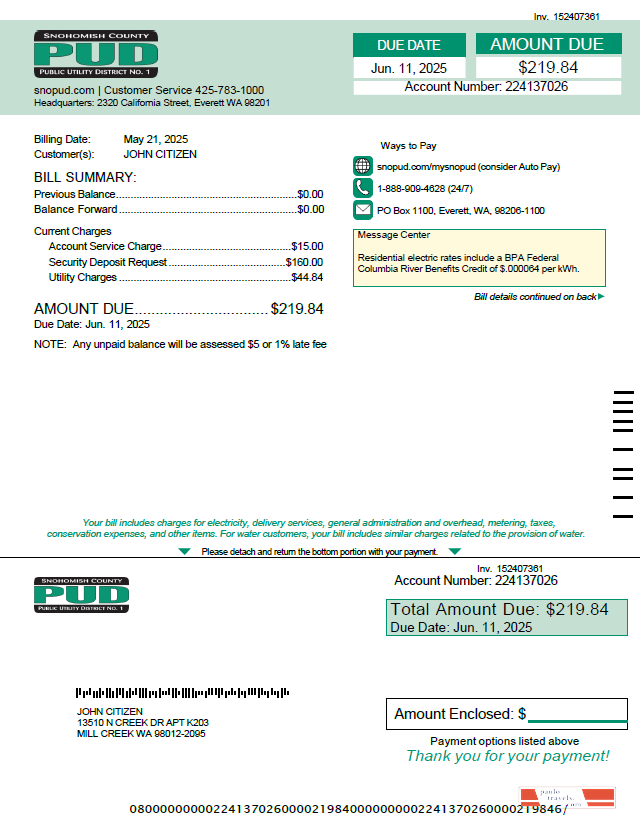 Pud Rider Sample USA Snohomish County PUD utility bill template in Word and PDF formats