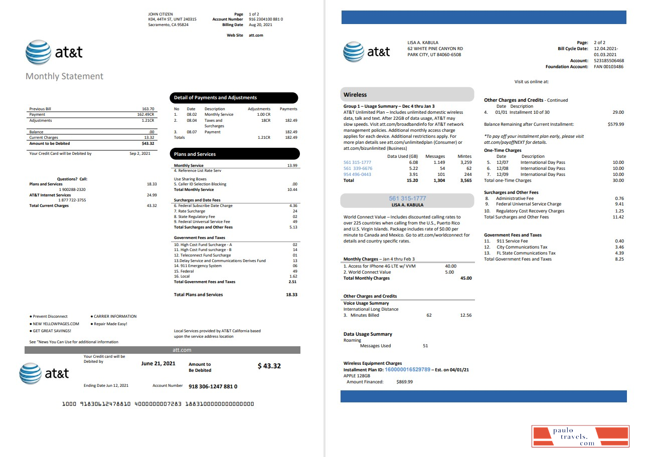 USA Texas AT&T telecommunications utility bill template in Word and PDF ...