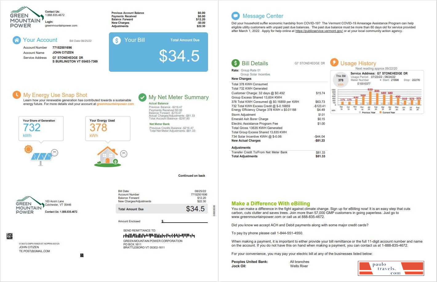 Versant Power Example Bill USA Vermont Green Mountain Power utility bill, Word and PDF template, 2 ...