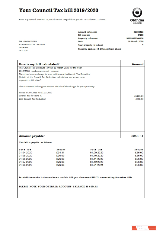 United Kingdom Oldham council tax bill template in Word and PDF format